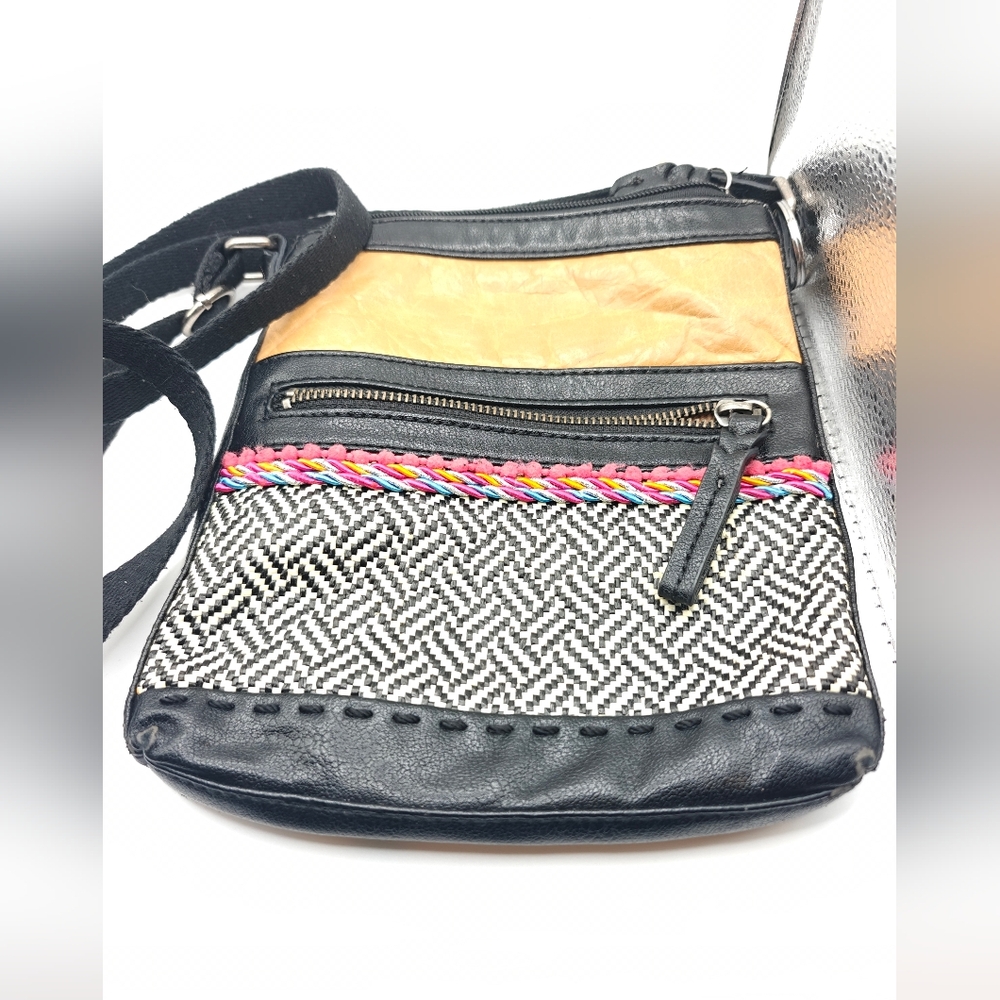 The Sak Tan & Black Leather & Woven Crossbody Purse Bag